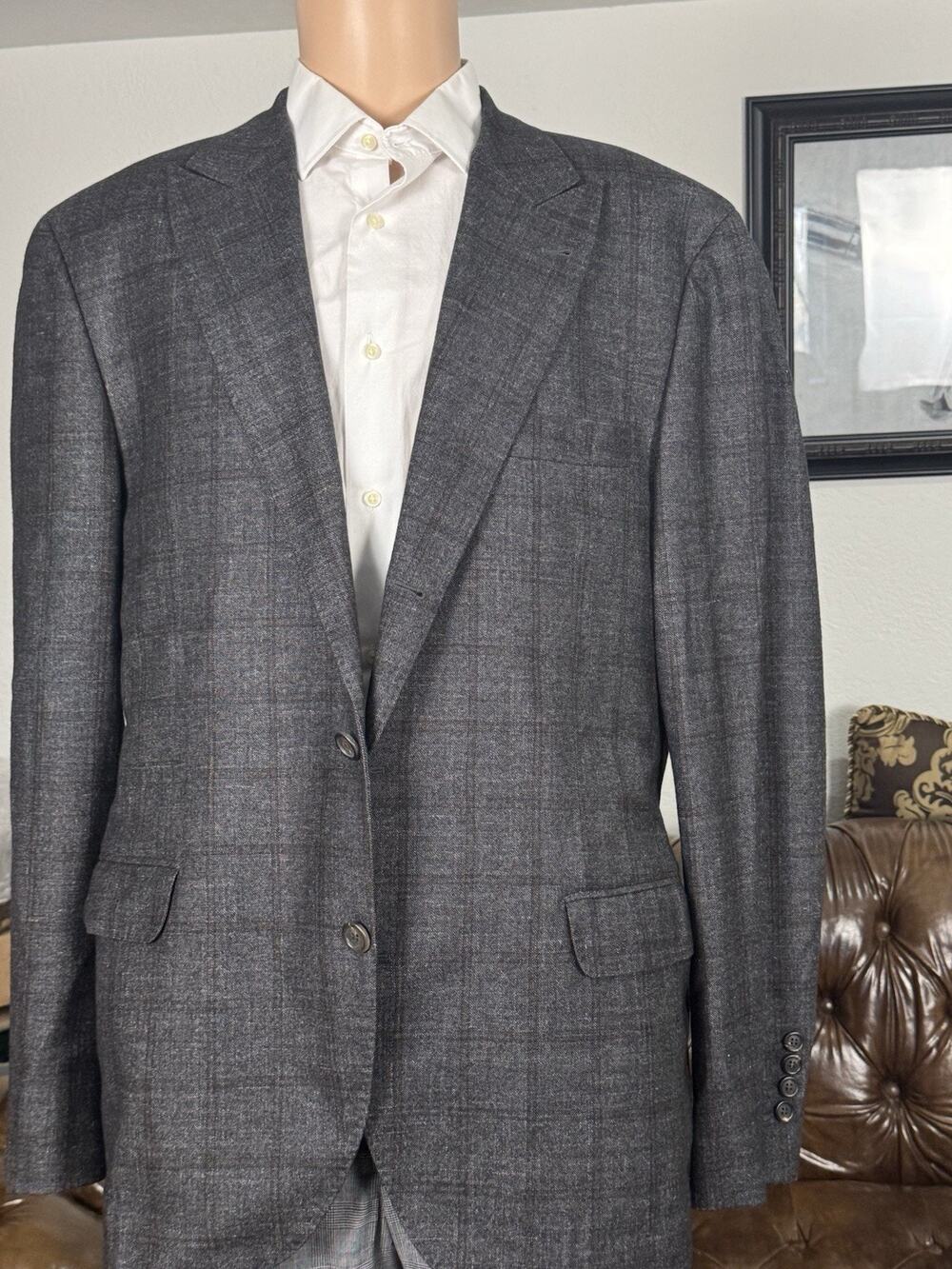 Brunello Cucinelli Wool Cashmere Charcoal Brown Windowpane IT 58/48R US Peak Lap